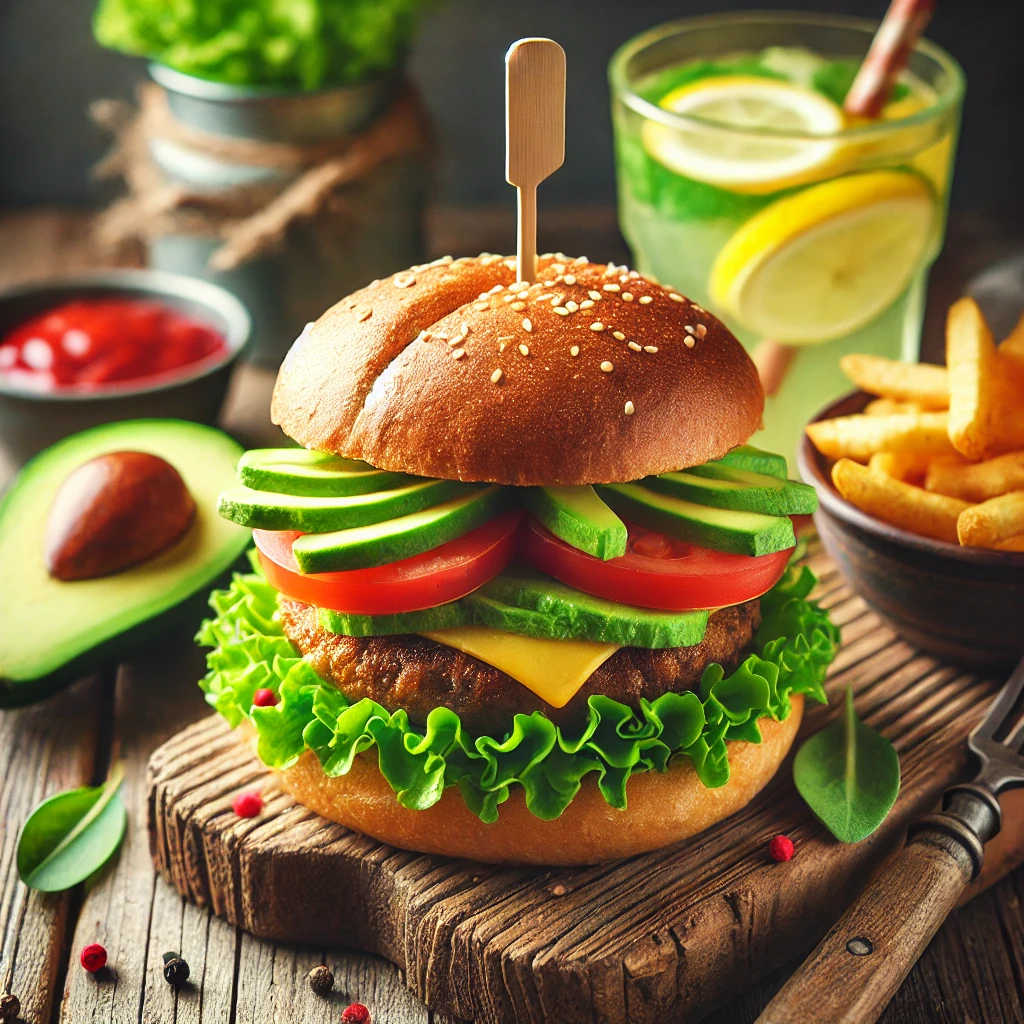 비건 햄버거에 이쑤시개가 꽂혀있음