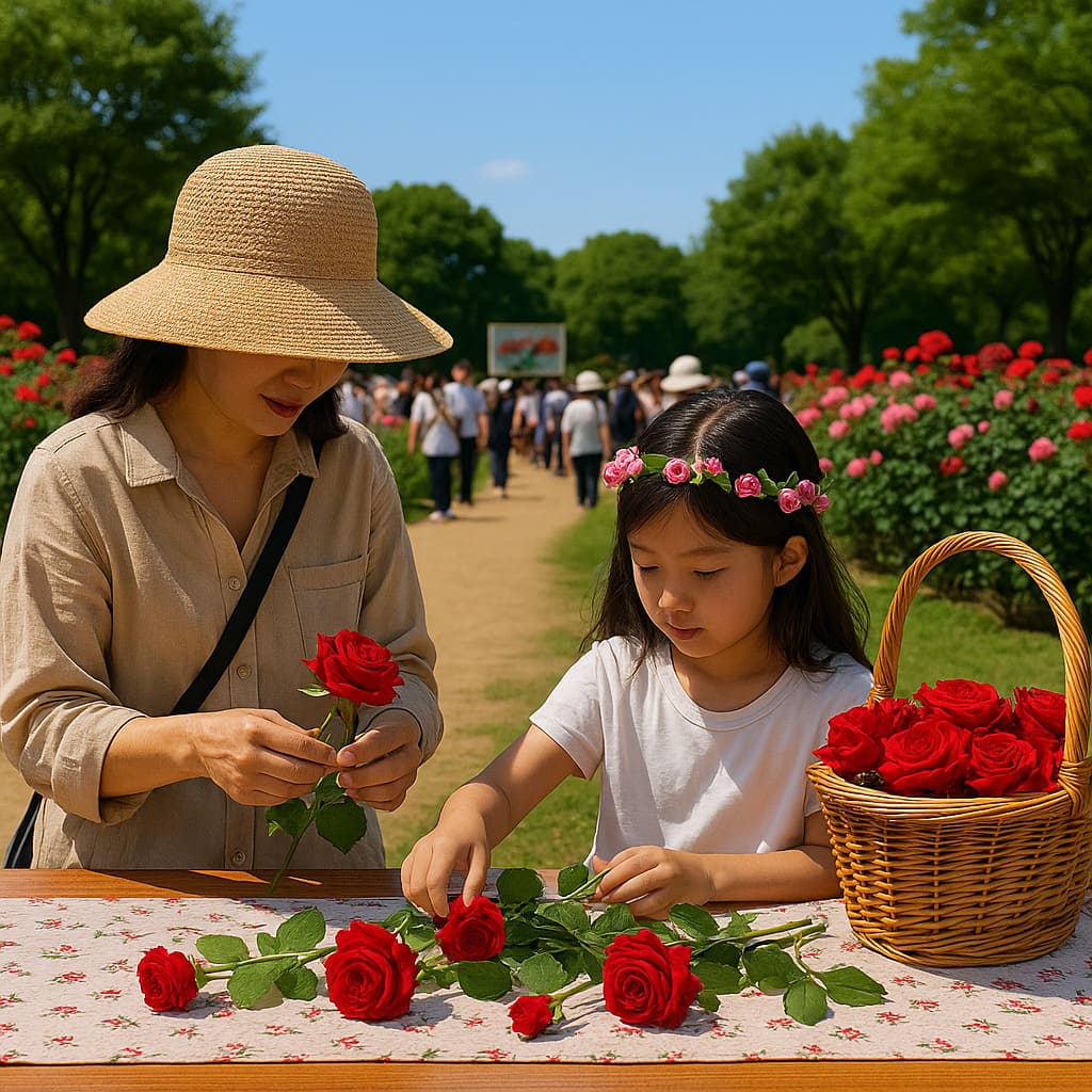 부천백만송이장미축제 장미 체험 부스에서 가족이 장미꽃을 만들고 있는 모습
