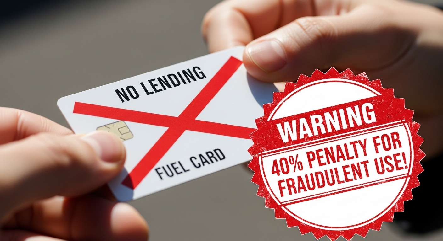 '카드 타인 대여(X)', '부정 사용(X)' 금지 표시와 '가산세 40%!'라는 경고 도장