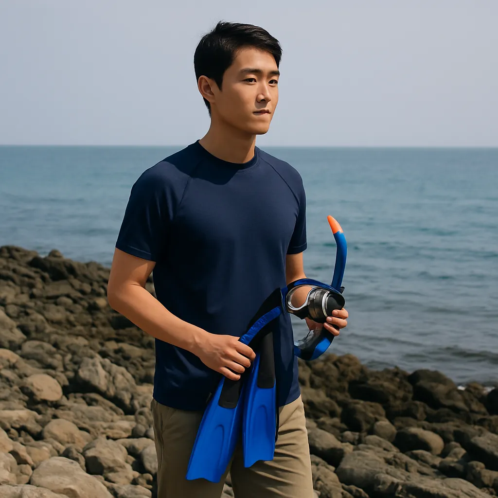 바위 해변에서 스노클링 장비를 든 남성