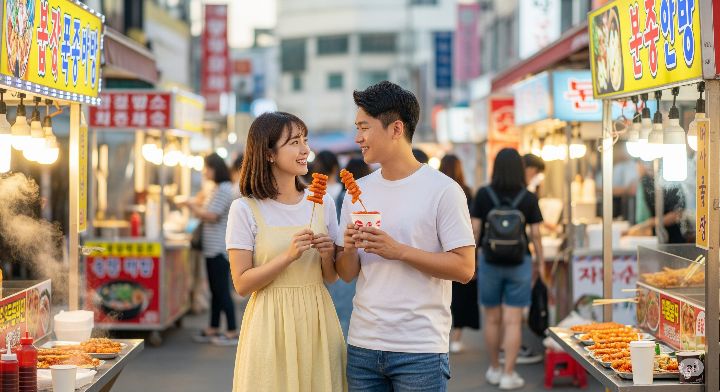 부산의 길거리 음식점에서 식사를 즐기는 젊은 커플