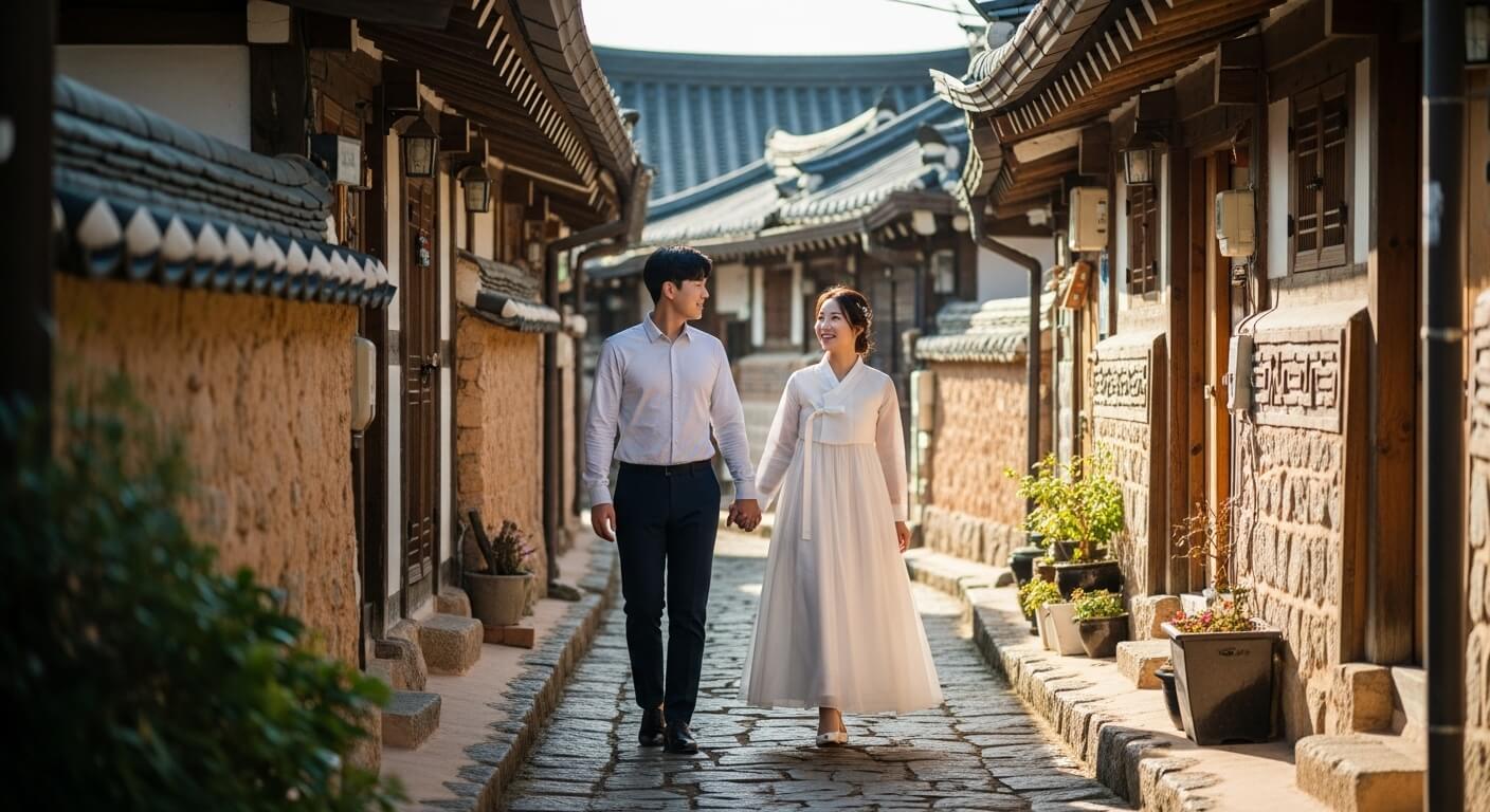 전통 한옥마을 돌담길을 함께 걸으며 여행하는 커플