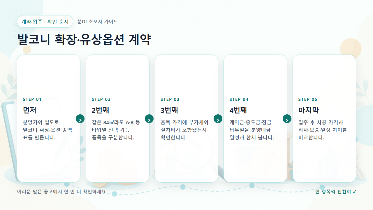 발코니 확장&middot;유상옵션 계약 확인 순서를 다섯 단계로 보여주는 흐름도