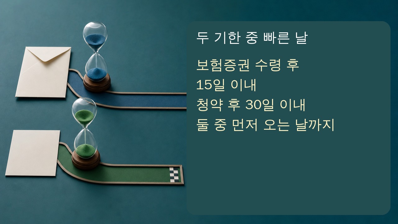 보험 청약일과 보험증권 수령일의 두 기한을 따로 비교하는 달력 장면