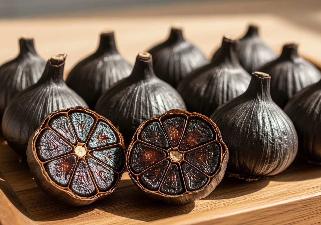 숙성 과정을 거쳐 완성된 흑마늘 단면과 통마늘, 짙은 갈색과 윤기가 돋보이는 건강식품 이미지