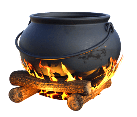 커다랗고 둥그런 검정색 솥이 불타는 나무 장작 위에 놓여있다.
