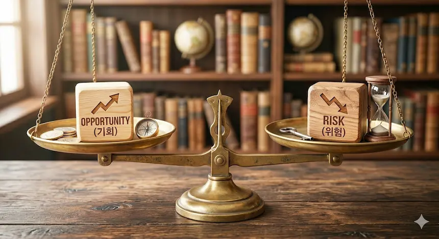 밝은 서재 배경의 황동 저울 위에 '기회(Opportunity)'와 '위험(Risk)'이라고 새겨진 나무 블록이 놓여 있는 사진 이미지