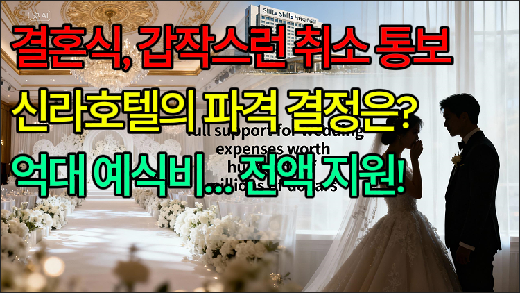 결혼식, 감작스런 취소 통보,신라호텔의 파격 결정은?, 억대예식비 전액 지원이라 쓰고, 배경은 결혼식장으로 표현한 일러스트