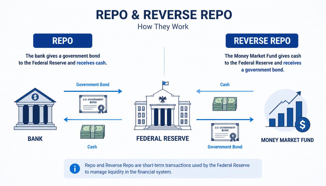 An infographic showing the financial transaction mechanism of Repo and Reverse Repo between banks, investment funds, and the Federal Reserve.