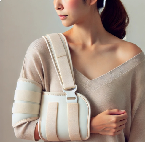 회전근개 수술 후 보조기를 착용한 여성의 모습