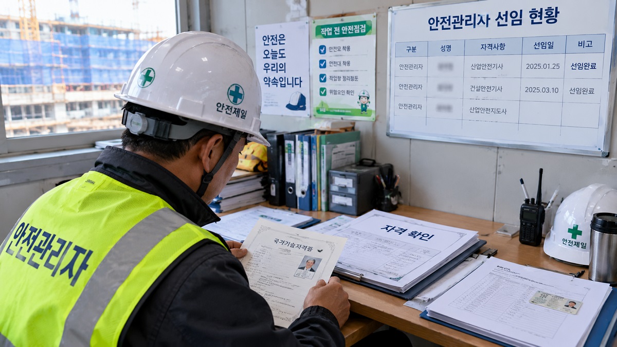 건설현장 사무실에서 안전관리자가 자격증과 선임 관련 서류를 확인하는 모습