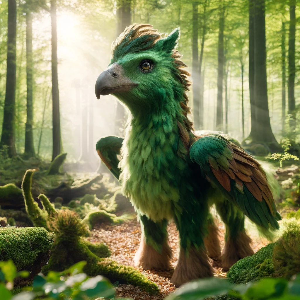 녹색과 갈색 깃털의 숲 히포그라프가 숲속 햇빛 아래 있는 모습