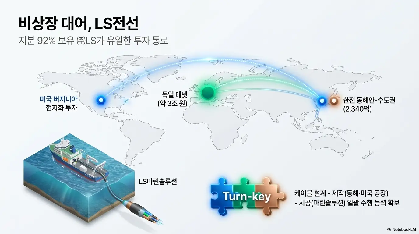 LS 주가 전망: 세계 지도 위에 미국 버지니아 현지화 투자, 독일 테넷(약 3조 원), 한전 동해안-수도권(2,340억 원) 수주를 표시한 인포그래픽. 비상장 대어 LS전선의 HVDC 해저케이블 글로벌 수주와 설계·제작·시공 턴키 역량을 시각화해 투자 통로가 ㈜LS임을 설명함.