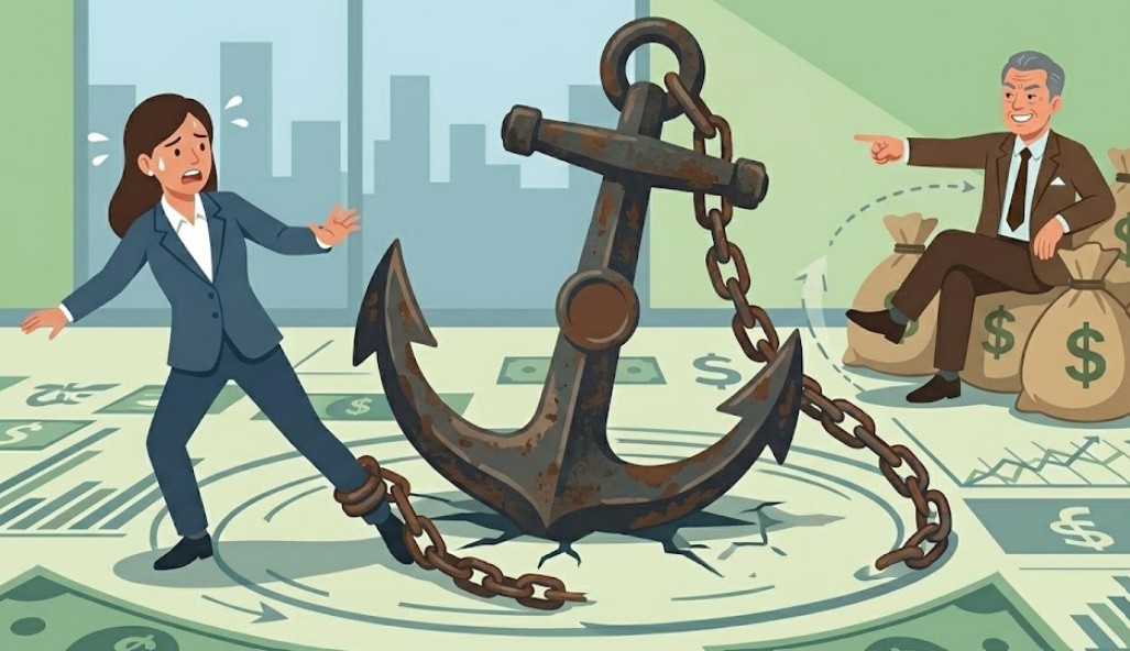 협상 테이블에 박힌 거대한 닻에 발목이 묶여 꼼짝 못 하는 직원과 돈자루 위에 앉아 여유로운 상사의 대비를 통해, 초기 정보가 판단을 강력하게 구속하는 앵커링 효과를 직관적으로 묘사