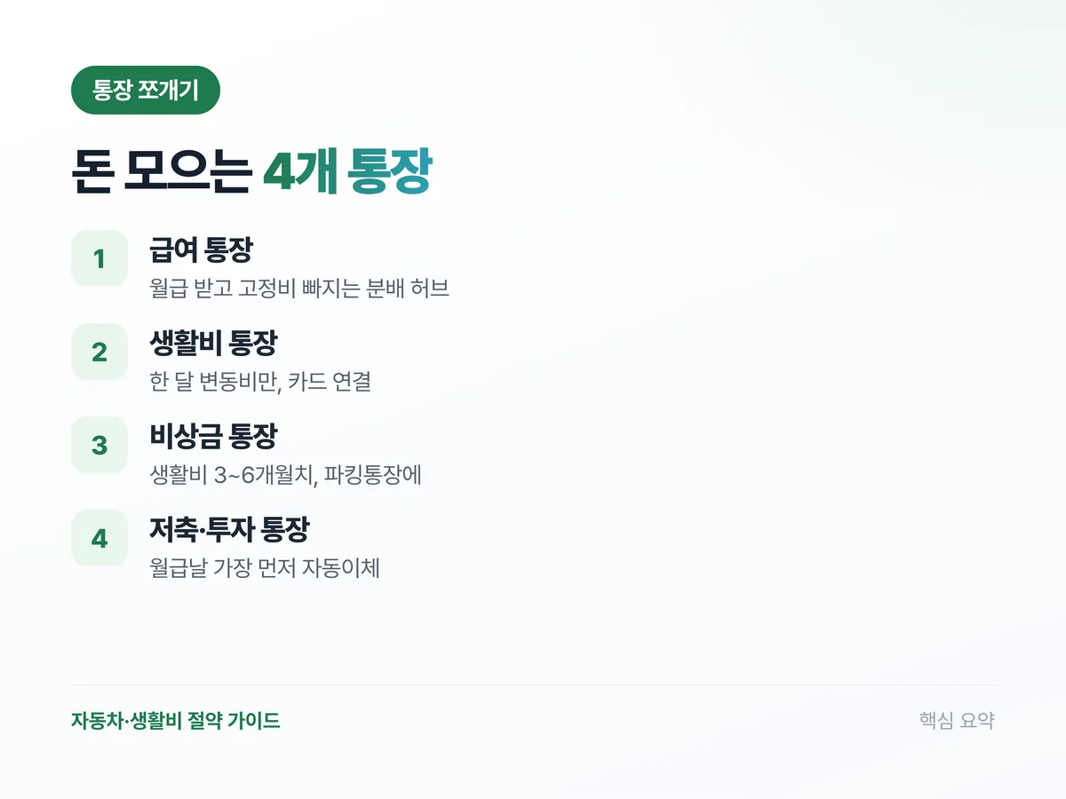 돈 모으는 4개 통장 요약 인포그래픽: 급여·생활비·비상금·저축투자 통장