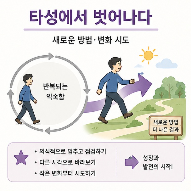 반복되는 습관에서 벗어나 새로운 방법과 변화를 시도하는 타성에서 벗어나다라는 표현을 설명한 이미지