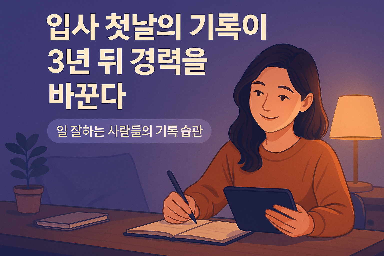 따뜻한 방 책상 앞에서 여성이 노트북과 노트를 펼쳐 기록하며 미소로 집중하는 장면