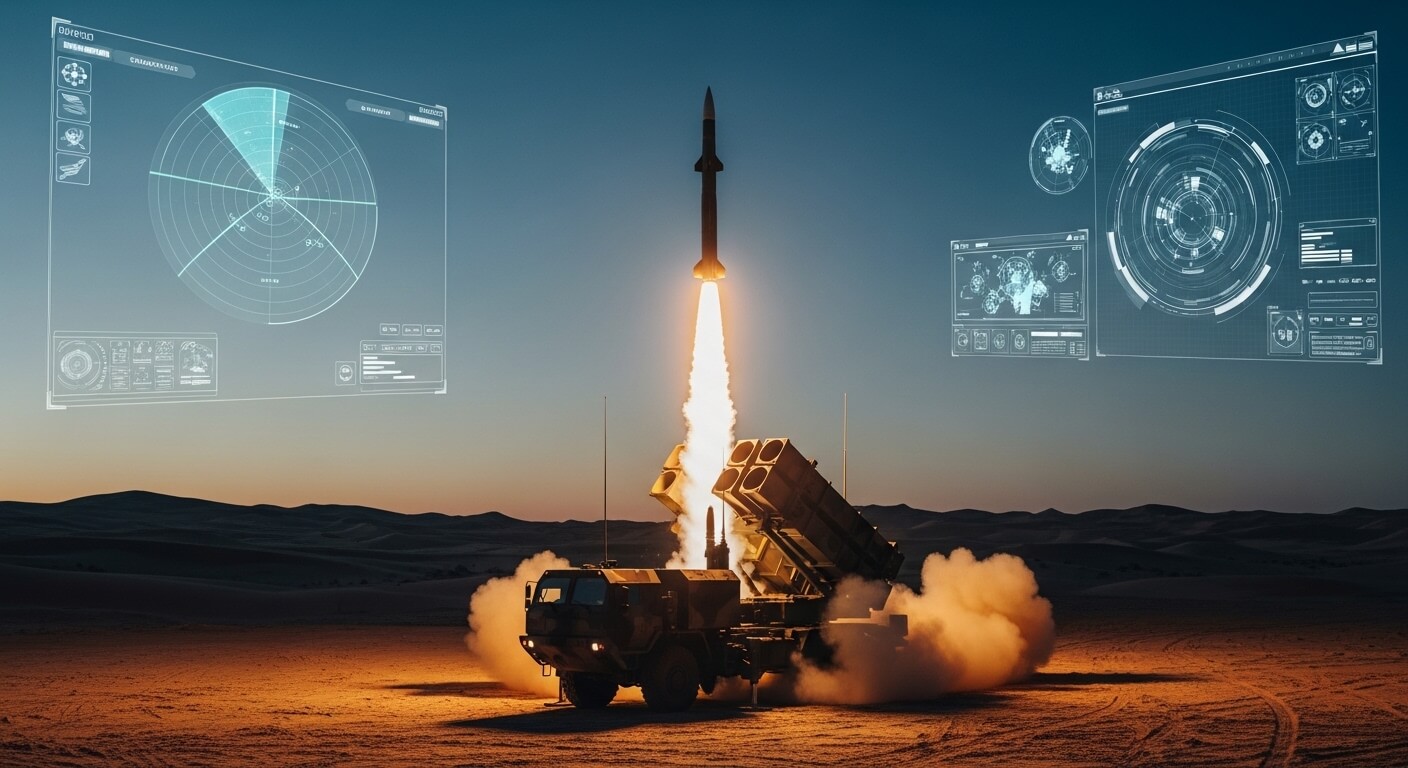 차량에서 미사일이 발사되고 있고 뒤에는 레이더같은것의 실루엣이있다