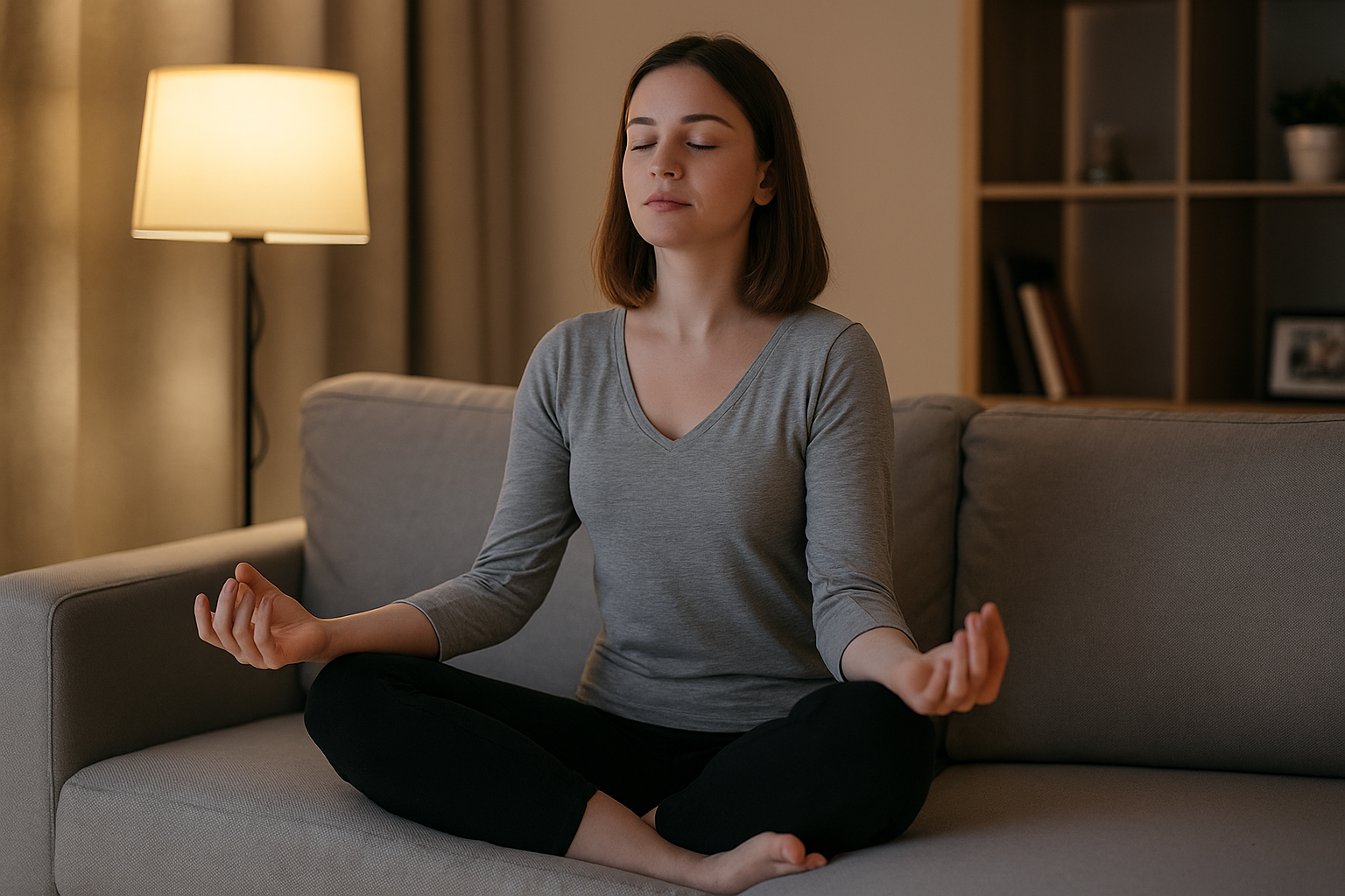 늦은 밤 따뜻한 조명 아래 소파에 앉아 명상하며 스트레스를 차분히 다스리는 젊은 여성의 평화로운 모습