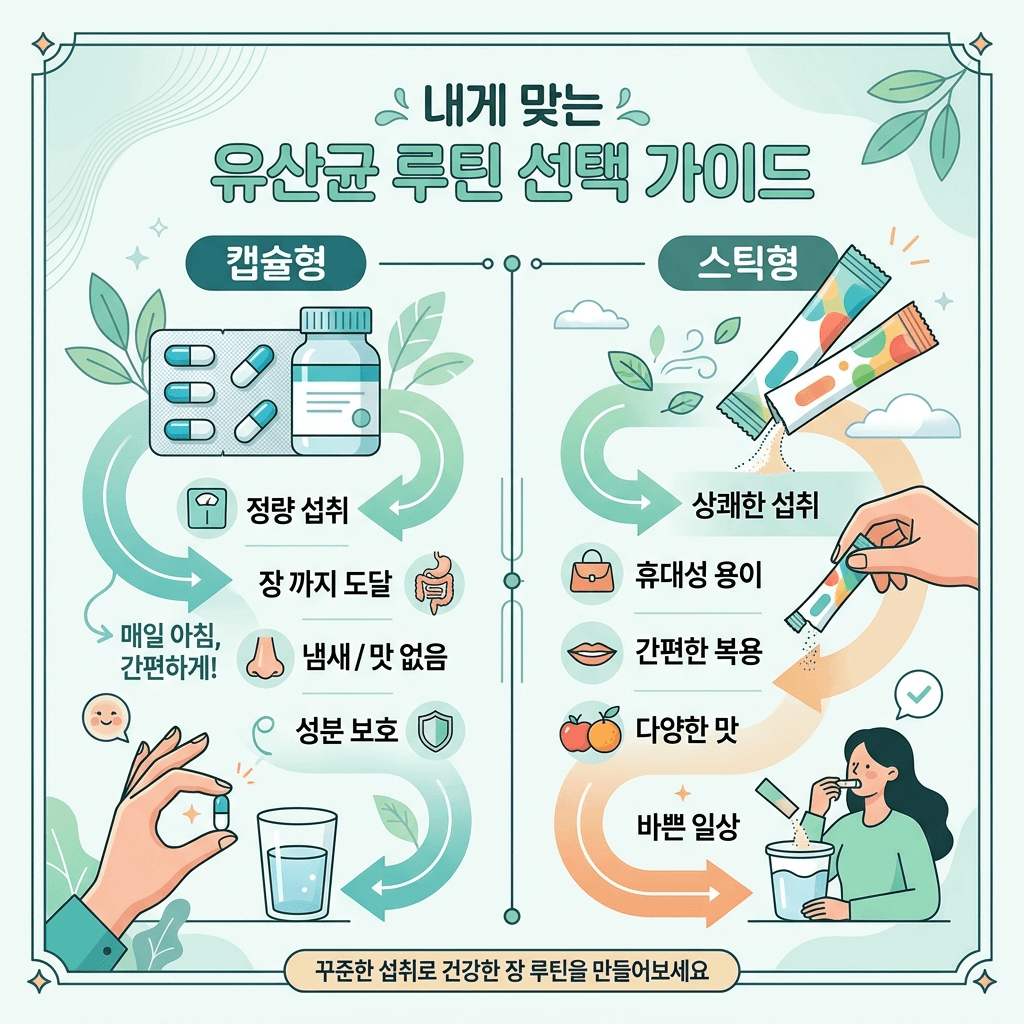 캡슐형과 스틱형 유산균을 루틴 기준으로 비교하는 선택 흐름 이미지
