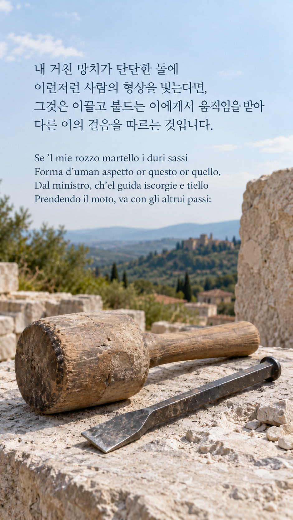 도구를 움직이는 힘: 내 거친 망치가 단단한 돌에 이런저런 사람의 형상을 빚는다면, 그것은 이끌고 붙드는 이에게서 움직임을 받아 다른 이의 걸음을 따르는 것입니다. 사실적인 사진, 석재 작업대 위 나무 망치와 금속 끌.