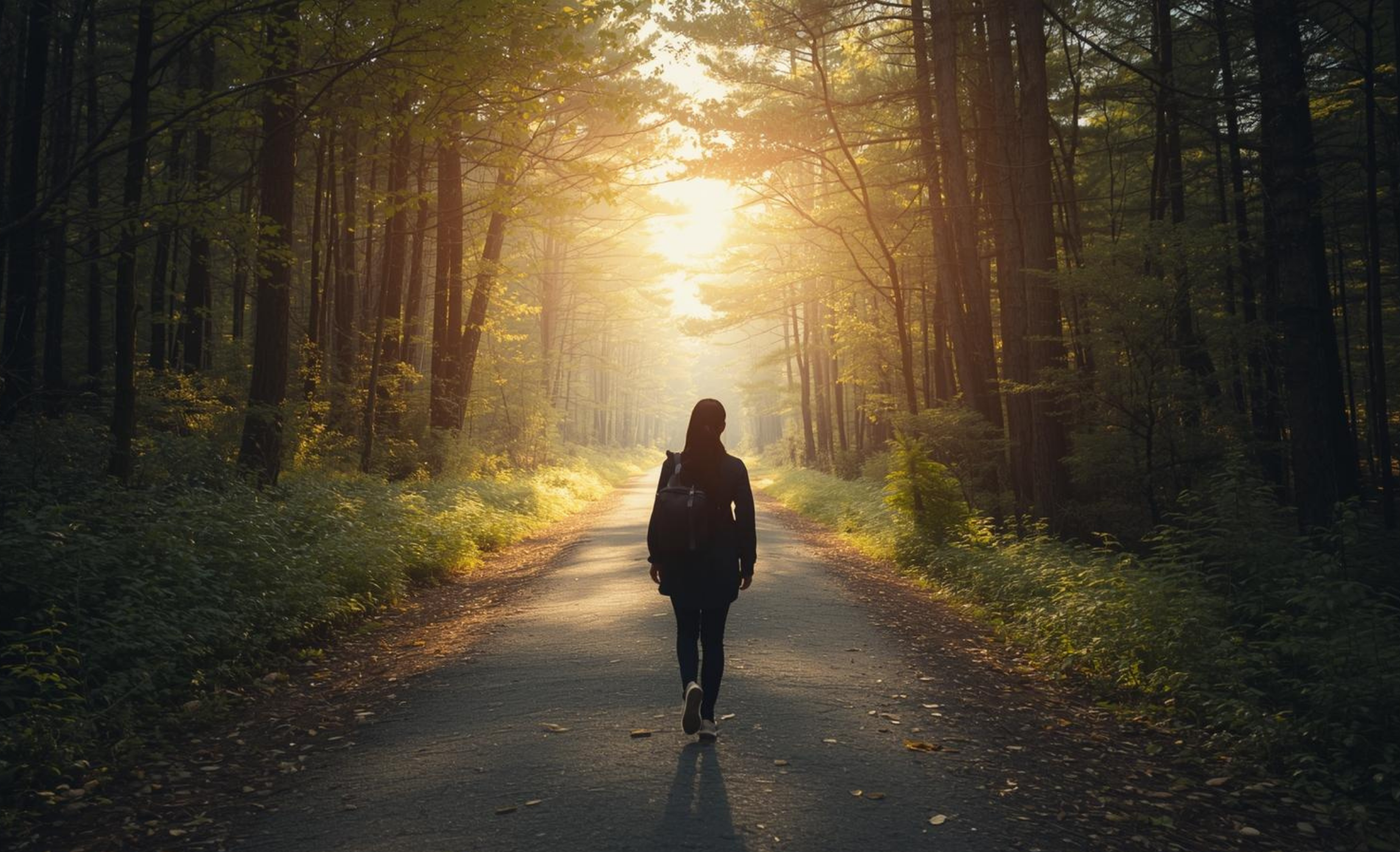 이별의 상처를 뒤로하고 밝은 빛이 드는 숲길로 걸어가는 새로운 시작의 모습