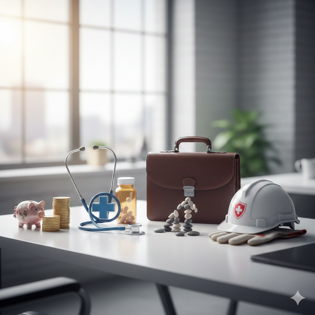 책상 위에 놓인 돼지저금통, 청진기, 서류가방, 안전모 아이템들. 대한민국의 4대 사회보험(국민연금, 건강보험, 고용보험, 산재보험)을 상징하는 실물 사진 스타일의 이미지