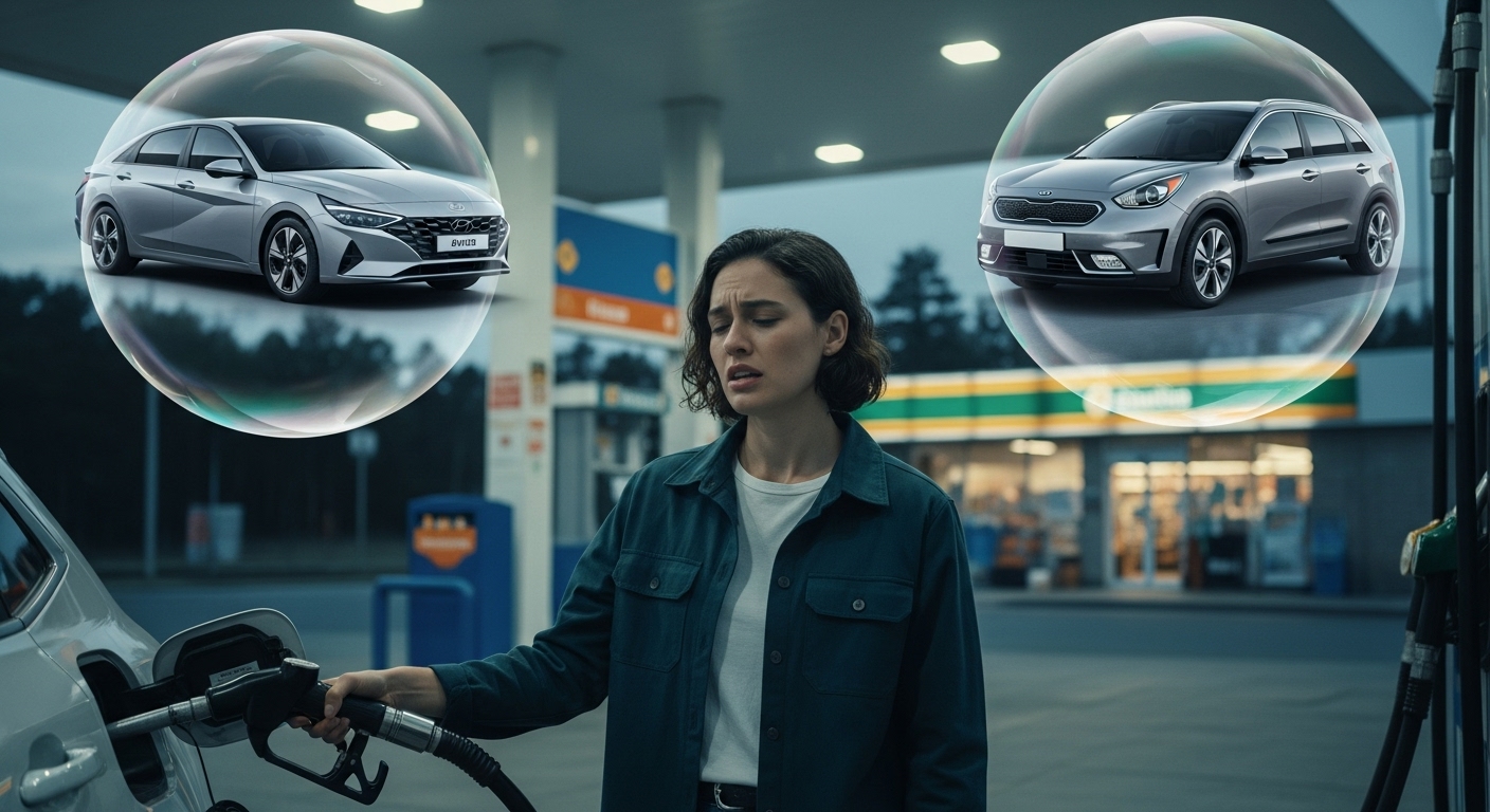 주유기 앞에서 고민하는 사람과 그 위로 떠오른 아반떼 하이브리드, 니로 하이브리드 이미지]