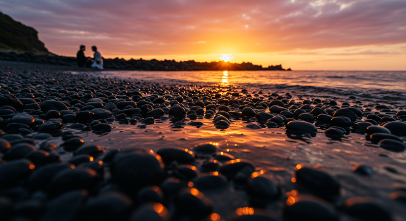 노을 지는 구엄 몽돌비치에서 자갈 파도 소리를 즐기는 풍경