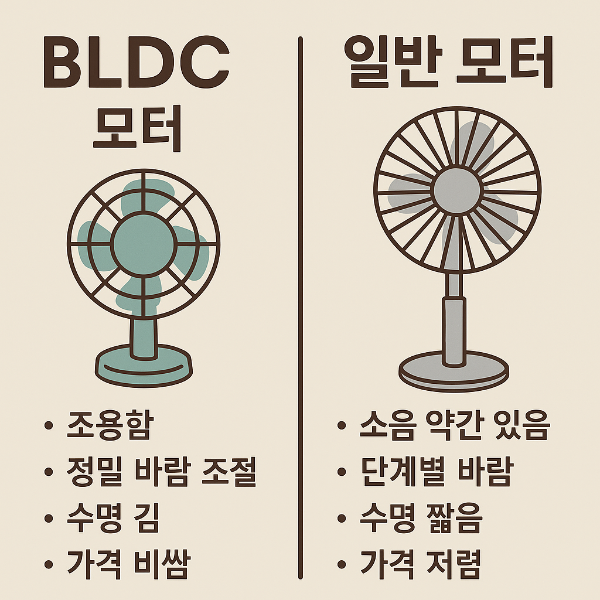 좌측에는 BLDC 선풍기, 우측에는 일반 모터 선풍기가 각각 배치되어 있으며, 조용함·수명·바람 조절 등 차이점이 한국어로 정리된 플랫 스타일 일러스트