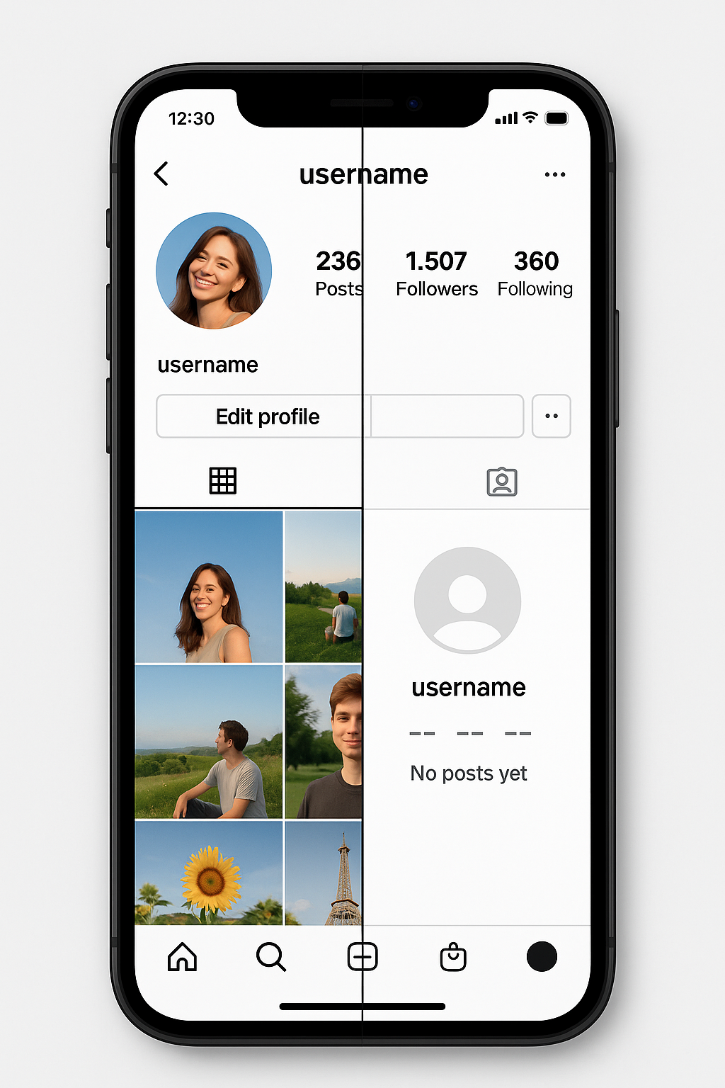 스마트폰 화면에 인스타그램 프로필이 반반 나뉘어 표시된 이미지