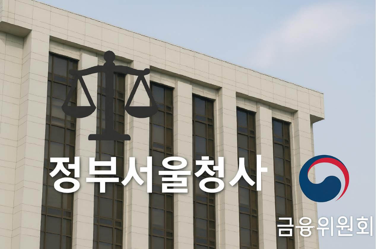 서울 정부청사 건물 위에 저울 아이콘과 금융위원회 로고