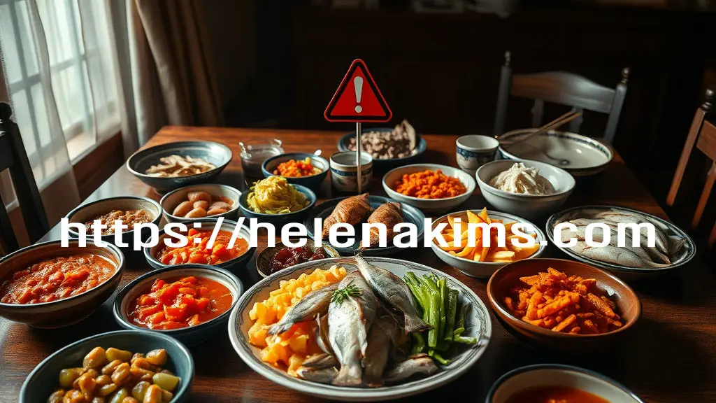 깨끗한 주방 식탁 위에 자반, 장아찌, 젓갈 등이 놓여 있는 모습.