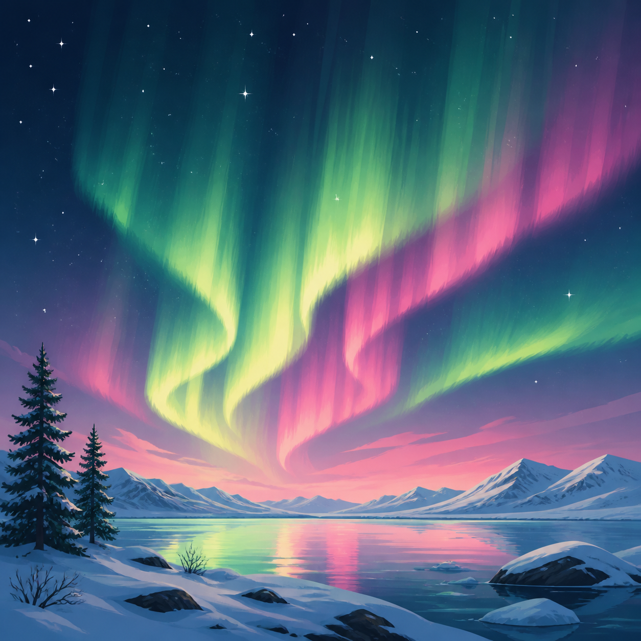 Northern Lights glowing in a night sky near a snowy landscape