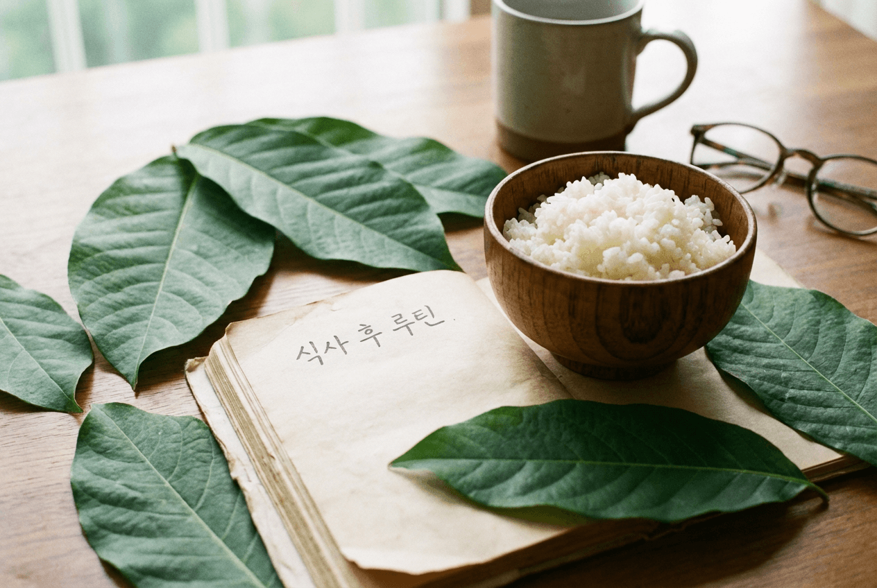 책상 위에 바나바 잎이 넓게 펼쳐져 있고 가운데에는 &lsquo;식사 후 루틴&rsquo;이라고 적힌 노트와 나무 그릇에 담긴 흰 쌀밥, 머그컵과 안경이 함께 놓여 있어 식후 혈당 관리 루틴을 차분하게 계획하는 느낌을 주는 이미지.
