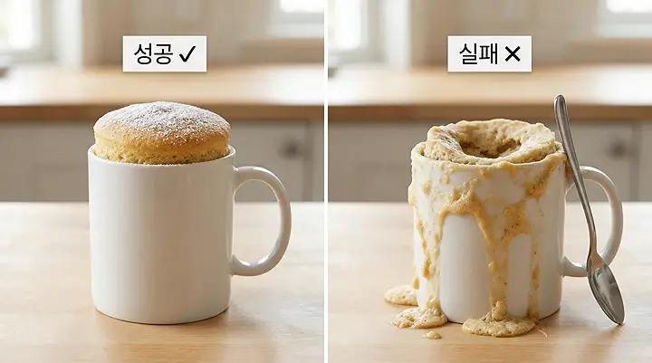 머그컵 술빵 성공(폭신하게 부푼 빵)과 실패(흘러넘쳐 주저앉은 빵) 비교 이미지 &mdash; 컵 절반만 채우고 20번 이하로 섞어야 성공