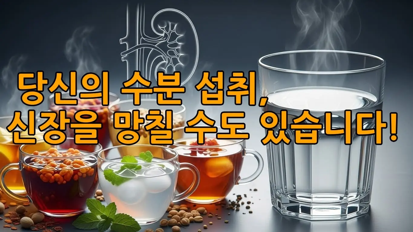 맑고 투명한 물 한 잔이 전면에 강조되어 있고, 배경에는 다양한 색깔의 차들이 여러 잔에 담겨 있으며, 희미한 신장 실루엣이 건강의 중요성을 나타내는 이미지.