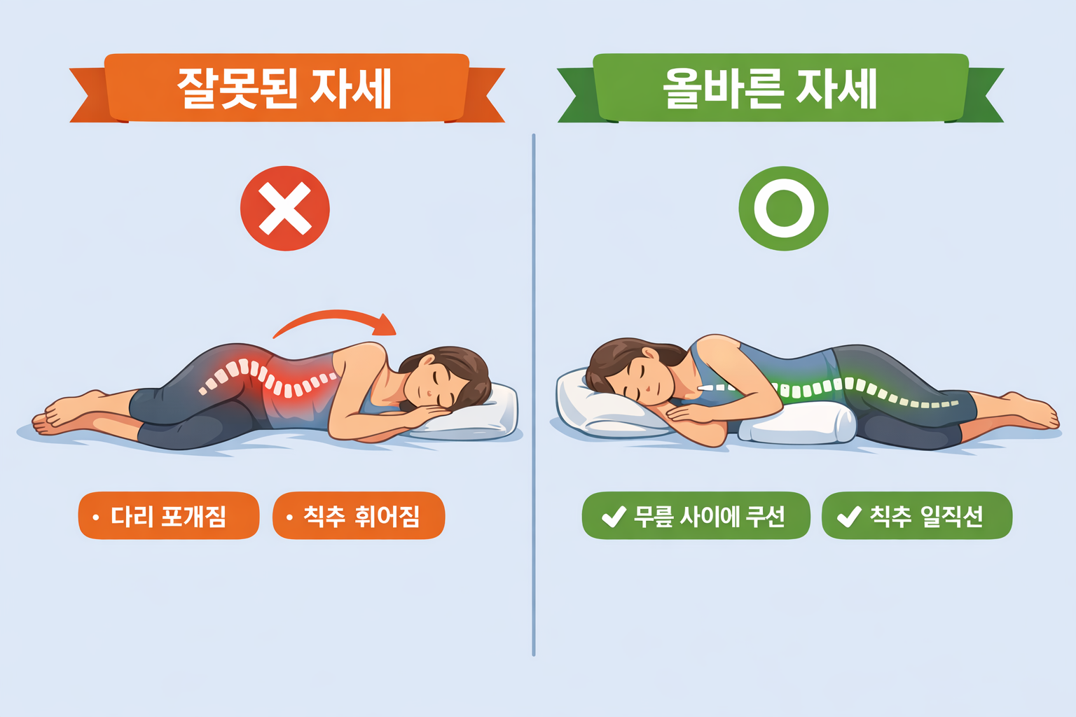 고관절과 허리에 부담을 줄이는 옆으로 자는 자세