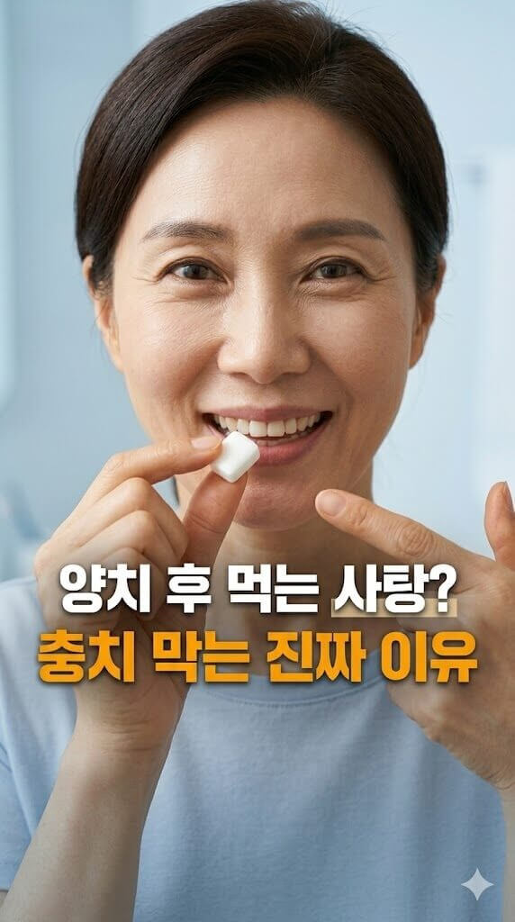 양치후 자일리톨을 복용하는 중년여성