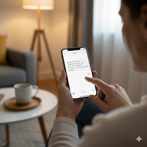 스마트폰으로 안부 메시지를 보내는 손 모습