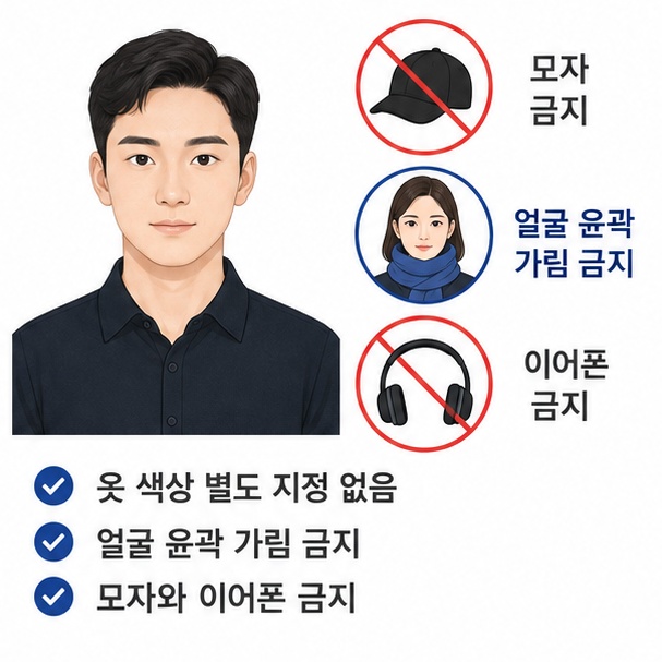 여권사진 옷은 특정 색으로 정해져 있지 않지만 흰색 배경과 인물 윤곽이 잘 구분되고 모자나 이어폰으로 얼굴을 가리지 않아야 함을 보여주는 그림