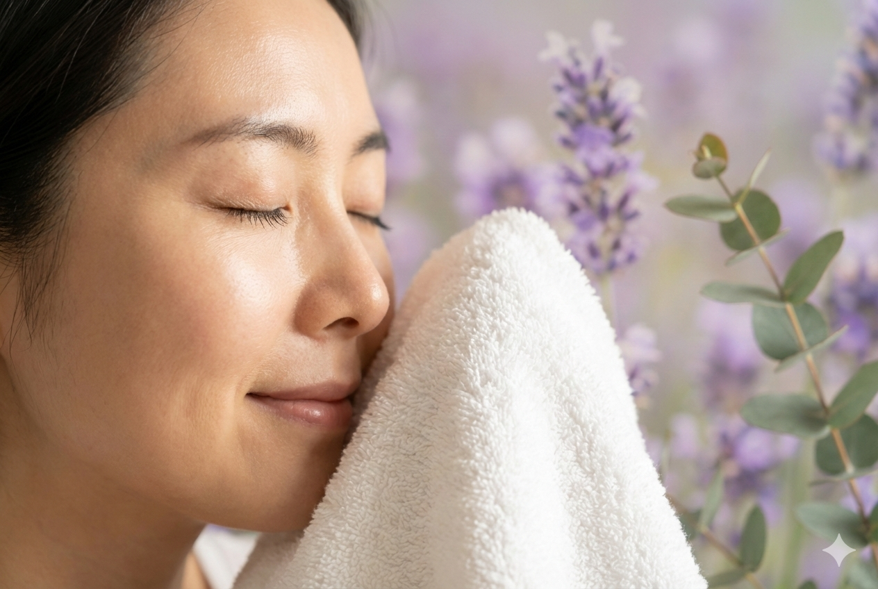 뽀송한 수건 냄새를 맡는 모습,	세탁조 청소와 천연 에센셜 오일로 완성한 상쾌하고 우아한 겨울 빨래