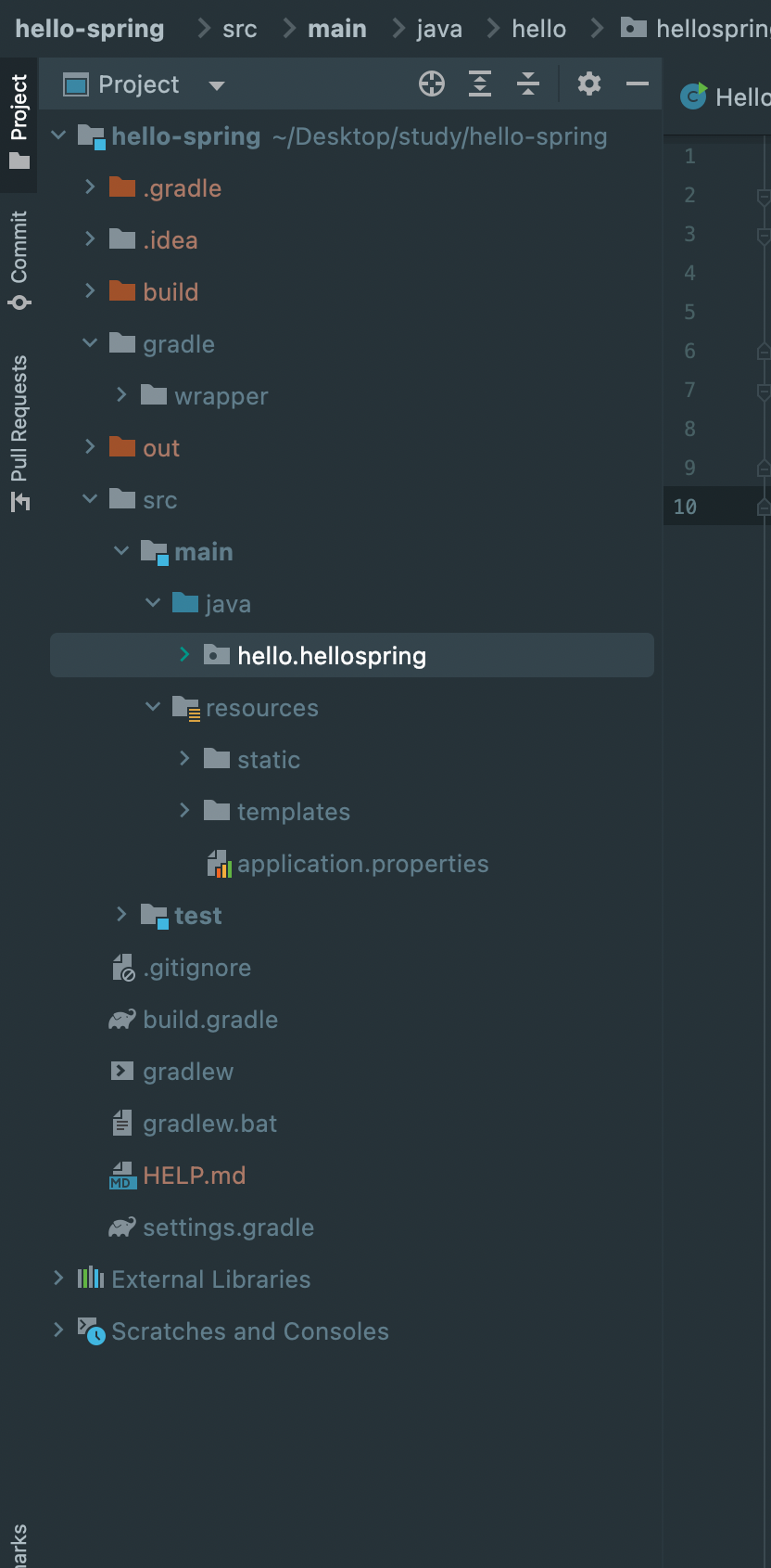 IntelliJ에서 생성된 스프링 부트 프로젝트의 기본 폴더 구조 화면