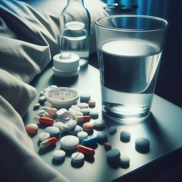 탁자에 놓여있는 혈압약과 물