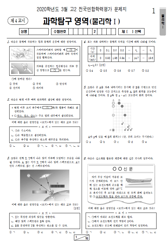 2020-3월-고2-모의고사-물리학 1-기출문제-다운