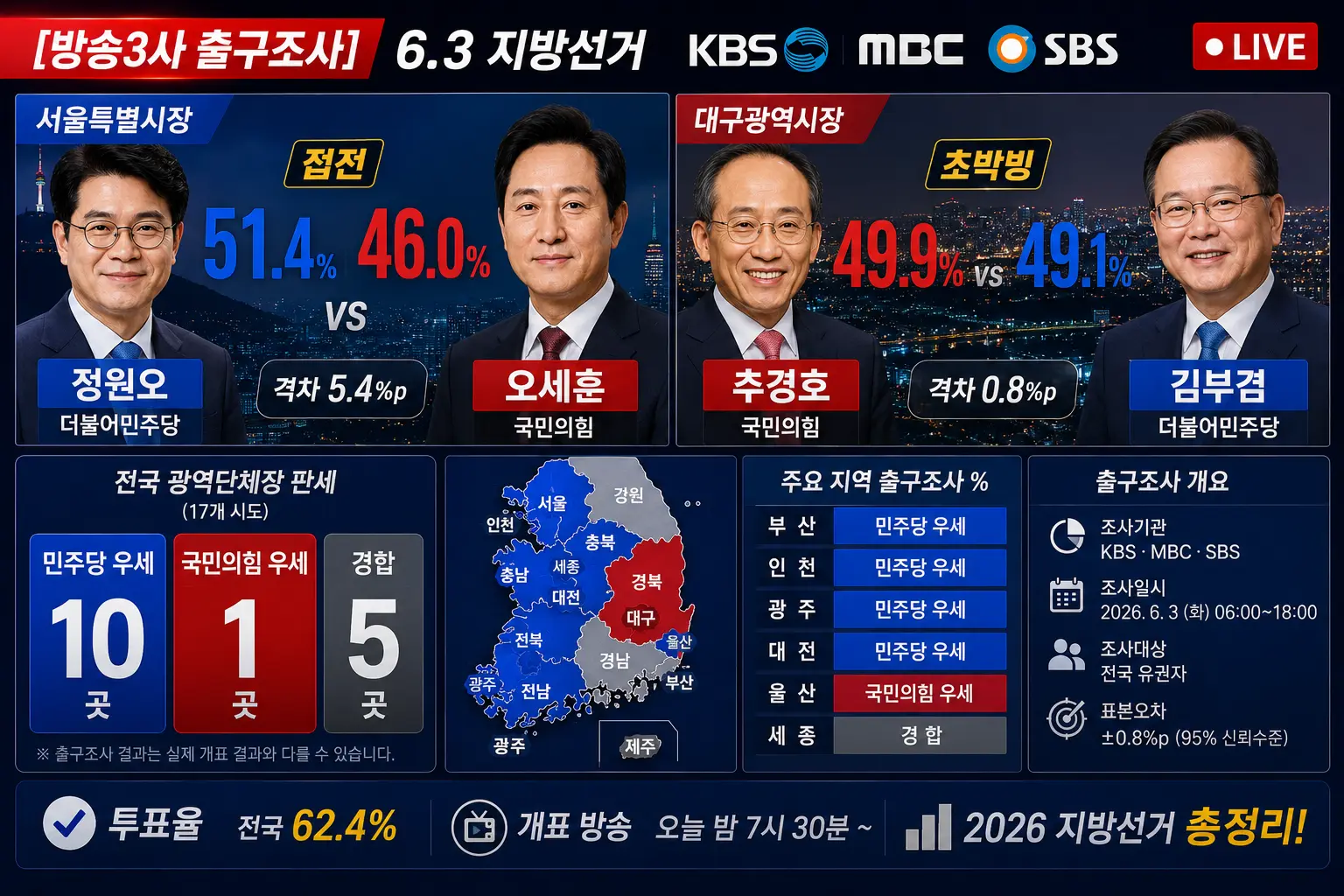 [방송3사 출구조사] 6.3 지방선거 &mdash; 서울 정원오 51.4% vs 오세훈 46% &middot; 대구 추경호 49.9% vs 김부겸 49.1% 초박빙 총정리