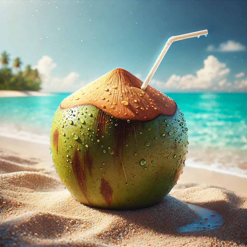 해변 모래 위에 빨대가 꽂힌 신선한 코코넛, 배경에 푸른 바다와 맑은 하늘이 보입니다.