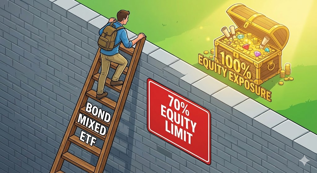 '주식 비중 70% 제한'이라는 벽을 '채권혼합형 ETF'라는 사다리를 타고 넘어 100%에 도달하는 고수의 모습