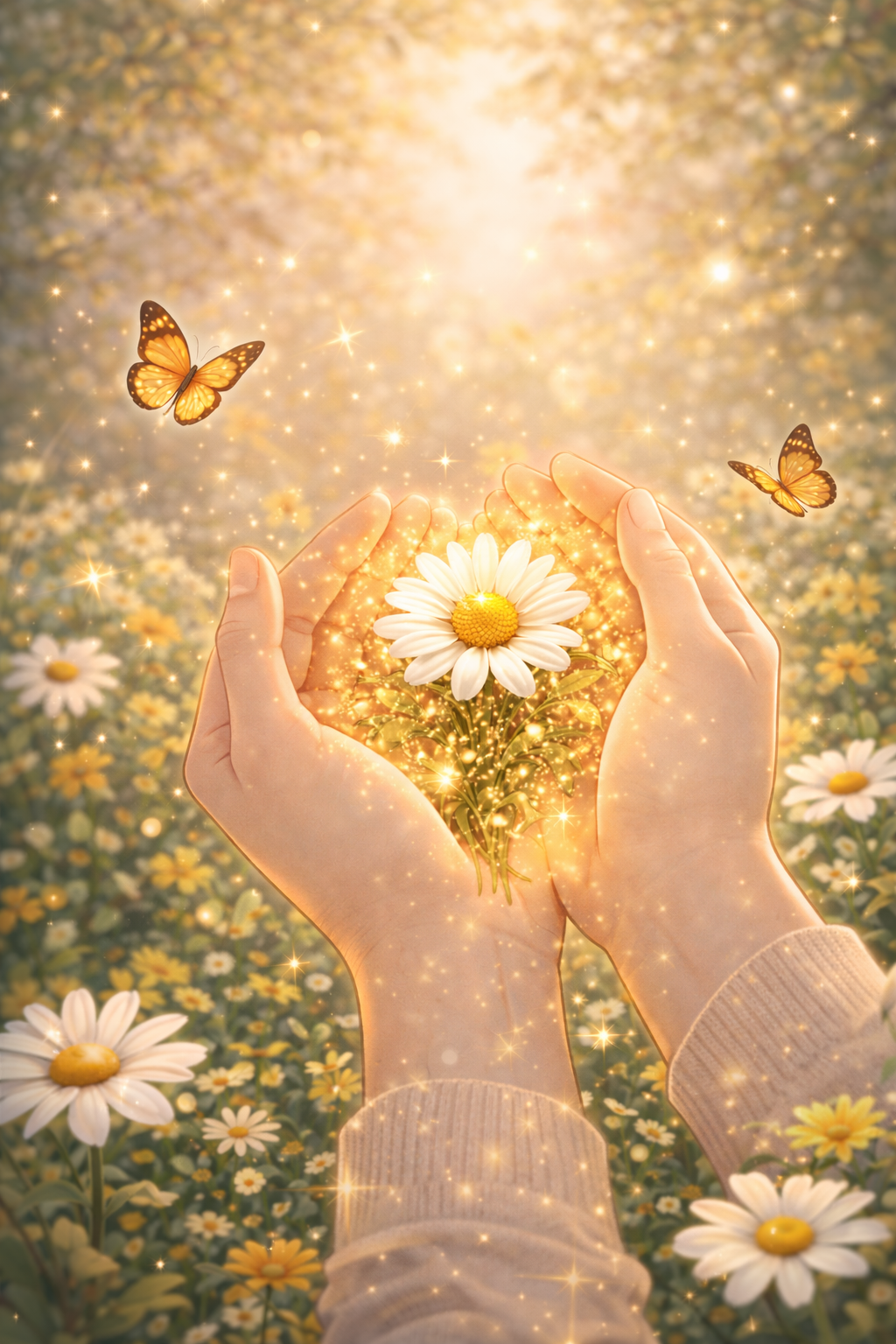 In a warm natural setting, a person gently plants a small sprout with both hands. Though the face is unseen, the calm posture and soft light convey a sense of gratitude and care, symbolizing appreciation expressed through quiet, mindful action. 따뜻한 자연 풍경 속에서 한 사람이 작은 새싹을 두 손으로 조심스럽게 심고 있다. 얼굴은 보이지 않지만 몸의 자세와 주변의 부드러운 빛이 감사와 돌봄의 마음을 전하며, 일상의 작은 행동 속에서 안정과 여유가 회복되는 순간을 상징한다.