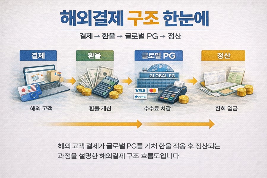 해외 고객 결제가 글로벌 PG를 거쳐 환율 적용 후 정산되는 과정을 설명한 해외결제 구조 흐름도입니다.